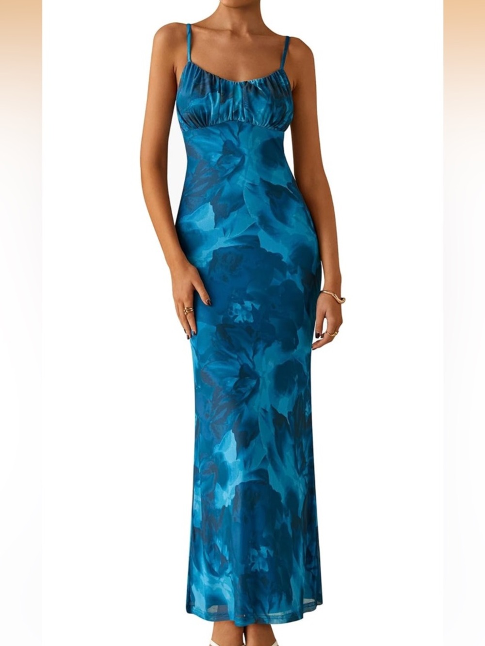 Teal Floral Maxi Slip Dress with Spaghetti Straps